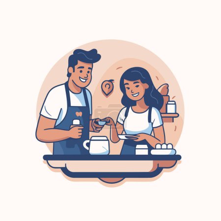Illustration for Coffee shop concept vector illustration in flat style. Man and woman making coffee. - Royalty Free Image