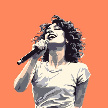 Ilustración de Ilustración vectorial de un cantante con un micrófono sobre un fondo naranja. - Imagen libre de derechos
