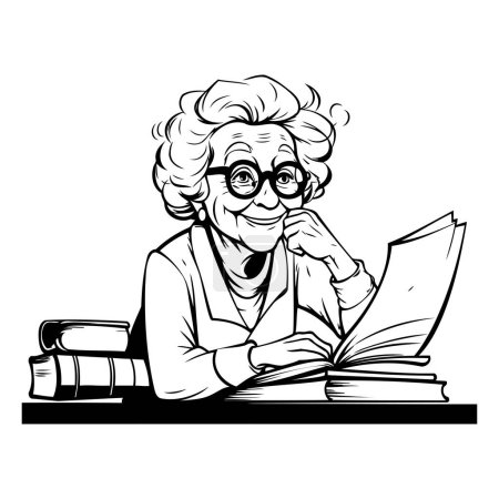 Illustration for Elderly woman reading a book. Black and white vector illustration. - Royalty Free Image