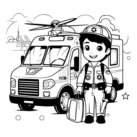 Ilustración de Bombero de uniforme con camión de bomberos. Ilustración vectorial en estilo de dibujos animados. - Imagen libre de derechos