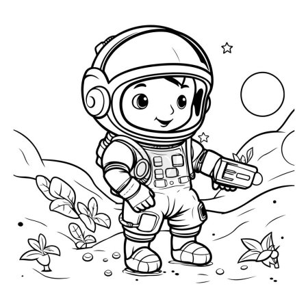 Téléchargez les illustrations : Livre à colorier pour enfants : astronaute sur le fond de la planète - en licence libre de droit