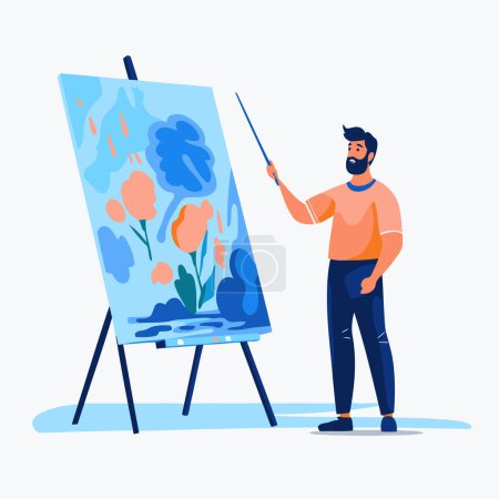 Illustration for Artist painting on canvas. Male character standing near easel and holding paintbrush. Vector illustration in flat style - Royalty Free Image