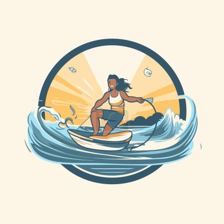 Illustration for Surfer girl on the surfboard. Vector illustration in retro style - Royalty Free Image