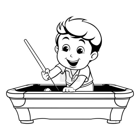 Ilustración de Boy jugando billar - Ilustración de dibujos animados en blanco y negro. Vector - Imagen libre de derechos