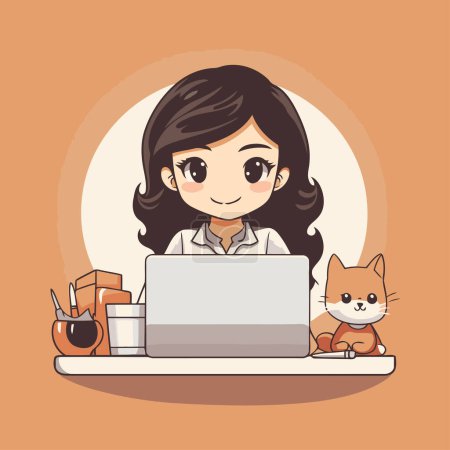 Illustration for Cute little girl with laptop and cat at home. Vector illustration - Royalty Free Image