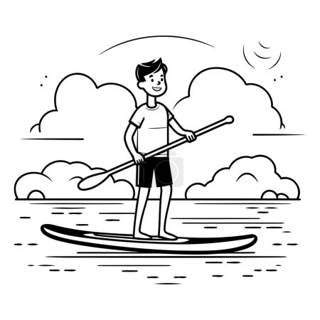 Téléchargez les illustrations : Jeune homme debout paddleboard dessin animé vectoriel illustration graphisme en noir et blanc - en licence libre de droit