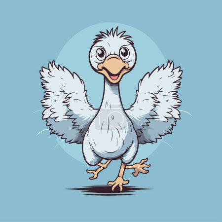 Téléchargez les illustrations : Illustration vectorielle d'un poulet dessin animé aux ailes sur fond bleu. - en licence libre de droit