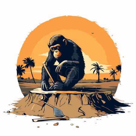 Téléchargez les illustrations : Singe assis sur un rocher dans le désert. Illustration vectorielle. - en licence libre de droit