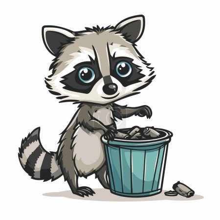 Téléchargez les illustrations : Un raton laveur dans une poubelle. Illustration vectorielle d'un raton laveur de dessin animé. - en licence libre de droit