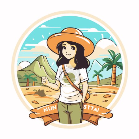 Téléchargez les illustrations : Femme touristique en chapeau de safari. Illustration vectorielle dans le style dessin animé - en licence libre de droit
