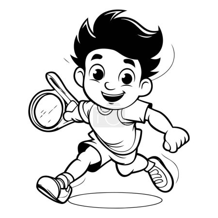 Téléchargez les illustrations : Petit garçon jouant au tennis Illustration de bande dessinée en noir et blanc. Vecteur - en licence libre de droit