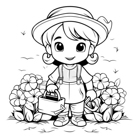 Téléchargez les illustrations : Illustration de dessin animé noir et blanc de jardinier mignon petite fille avec des fleurs pour le livre à colorier - en licence libre de droit
