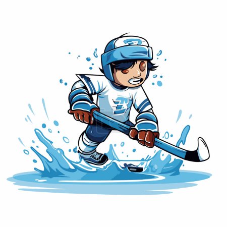 Illustration for Cartoon ice hockey player with a stick in action. Vector illustration. - Royalty Free Image