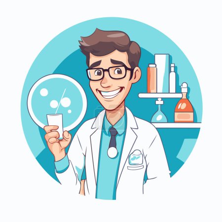 Illustration for Vector illustration of a smiling male doctor holding a pill in hand. - Royalty Free Image