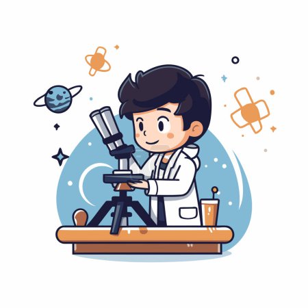 Téléchargez les illustrations : Scientifique garçon avec microscope dans un laboratoire scientifique. Illustration vectorielle de dessin animé. - en licence libre de droit