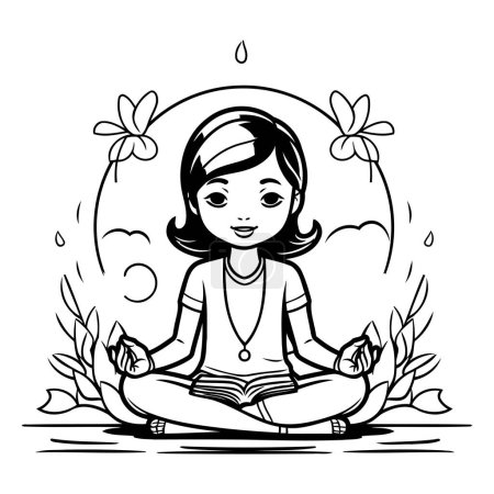 Illustration for Girl meditating in lotus pose. Black and white vector illustration. - Royalty Free Image