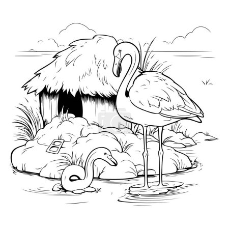 Téléchargez les illustrations : Flamant rose sur l'île. Illustration vectorielle noir et blanc. - en licence libre de droit
