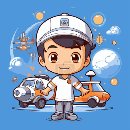 Téléchargez les illustrations : Mignon petit garçon en costume d'astronaute avec voiture jouet. Illustration vectorielle. - en licence libre de droit