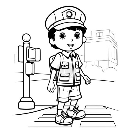 Illustration for Vector illustration of a boy in a police uniform on the street. - Royalty Free Image
