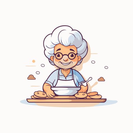 Téléchargez les illustrations : Grand-mère cuisine. Illustration vectorielle en style dessin animé sur fond blanc. - en licence libre de droit