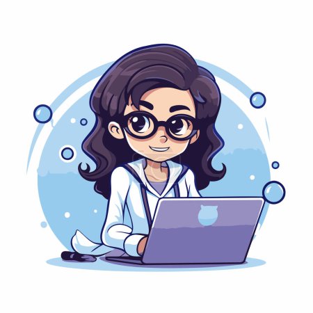 Illustration for Scientist girl with laptop. Vector illustration. Cartoon character. Science and technology concept. - Royalty Free Image