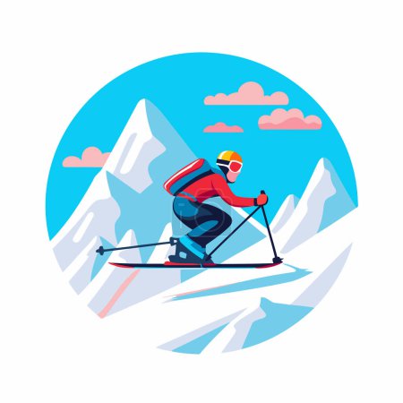 Téléchargez les illustrations : Ski skieur en montagne. Illustration vectorielle en style plat. - en licence libre de droit