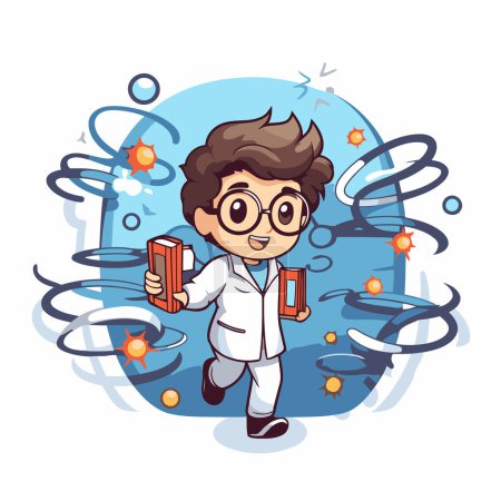 Illustration for Vector illustration of a boy in science lab coat running with test tubes - Royalty Free Image