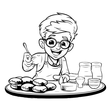 Ilustración de Lindo chico de dibujos animados haciendo cupcakes. Ilustración vectorial en blanco y negro. - Imagen libre de derechos