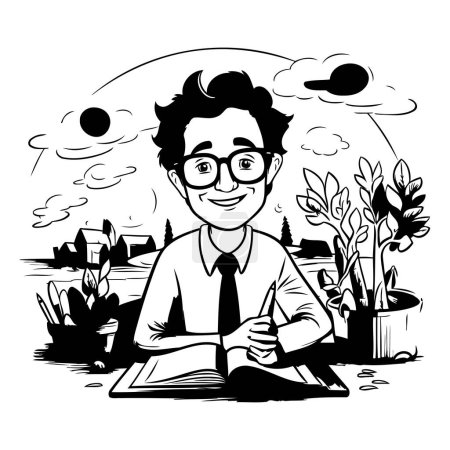 Téléchargez les illustrations : Un homme lisant un livre dans le jardin. Illustration vectorielle noir et blanc. - en licence libre de droit