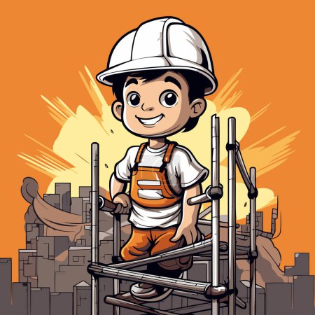 Téléchargez les illustrations : Illustration vectorielle d'un garçon sur un chantier avec un casque. - en licence libre de droit