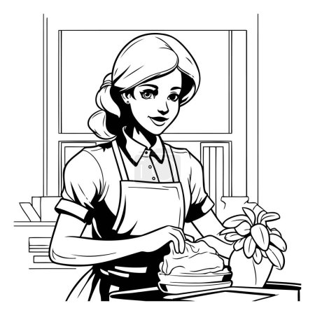 Téléchargez les illustrations : Femme au foyer dans la cuisine. Illustration vectorielle noir et blanc d'une femme au foyer au travail. - en licence libre de droit