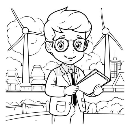 Téléchargez les illustrations : Dessin animé noir et blanc illustrant un enfant étudiant les éoliennes ou les énergies renouvelables - en licence libre de droit