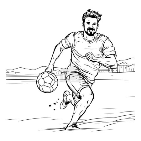 Illustration for Soccer player. Black and white vector illustration of a soccer player kicking the ball. - Royalty Free Image