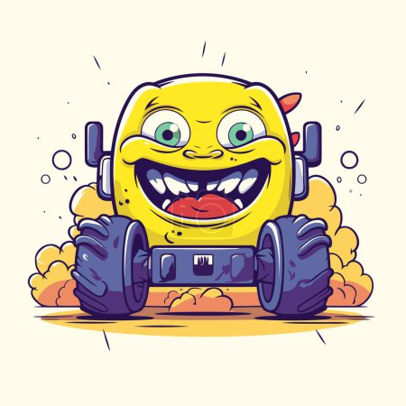Ilustración de Monstruo divertido cabalga sobre las ruedas del coche. Ilustración vectorial. - Imagen libre de derechos