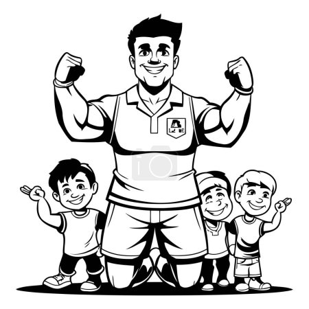 Illustration for Superhero father with kids cartoon isolated black and white vector illustration graphic design - Royalty Free Image