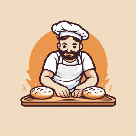 Téléchargez les illustrations : Chef avec pain et petits pains. Illustration vectorielle dans le style dessin animé. - en licence libre de droit