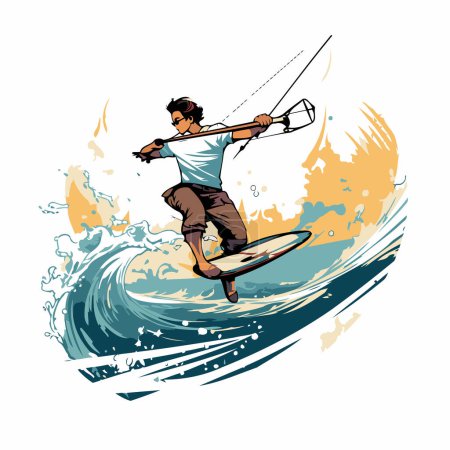 Illustration for Kitesurfing sport vector illustration. Man surfing on wave. - Royalty Free Image