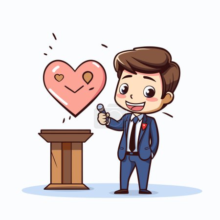 Illustration for Businessman giving speech on podium with heart. Vector cartoon character illustration. - Royalty Free Image