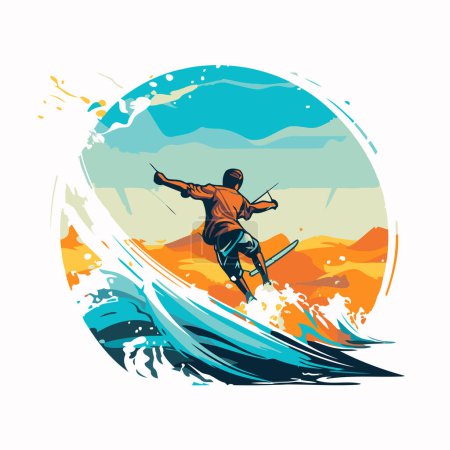 Illustration for Surfer on the background of the waves. Vector illustration in a flat style. - Royalty Free Image
