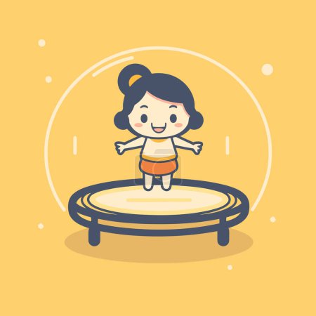 Téléchargez les illustrations : Petite fille sautant sur un trampoline. Illustration vectorielle design plat. - en licence libre de droit