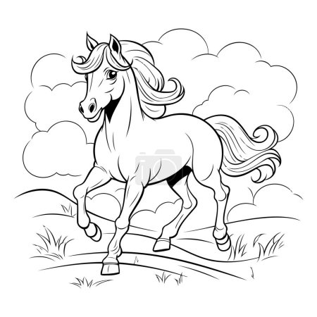 Téléchargez les illustrations : Illustration vectorielle en noir et blanc d'un cheval courant sur le terrain avec des nuages - en licence libre de droit