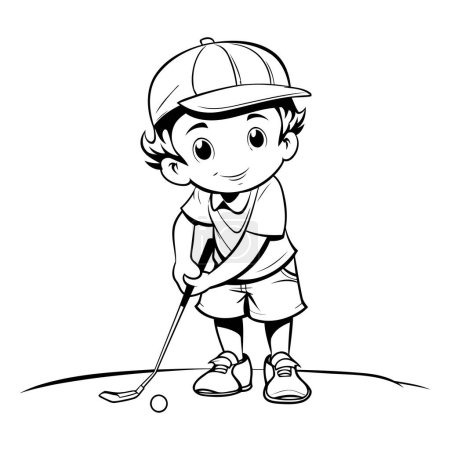 Téléchargez les illustrations : Un garçon jouant au golf. Illustration vectorielle noir et blanc pour livre à colorier. - en licence libre de droit