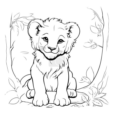 Téléchargez les illustrations : Le petit lion dans la jungle. Illustration vectorielle noir et blanc. - en licence libre de droit