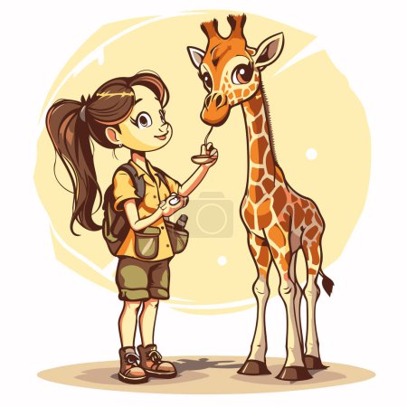 Téléchargez les illustrations : Jolie petite fille nourrit girafe. Illustration vectorielle dans le style dessin animé - en licence libre de droit