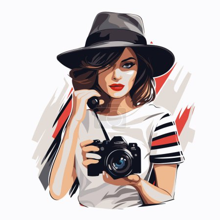 Illustration for Beautiful young woman in a hat with a camera. Vector illustration. - Royalty Free Image