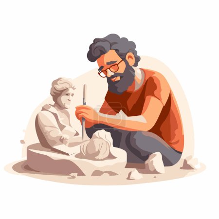 Illustration for Handsome old man with a beard in glasses sitting on the ground and looking at the sculpture of David. Vector illustration - Royalty Free Image