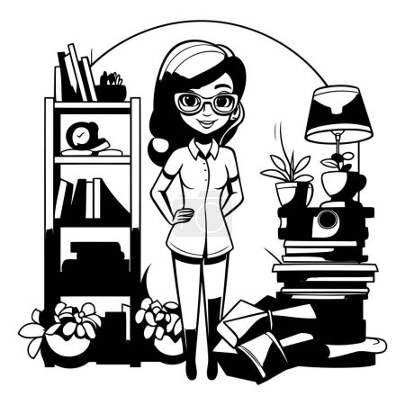 Illustration for Young woman student with bookshelf and books vector illustration graphic design - Royalty Free Image