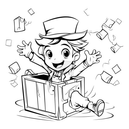 Ilustración de dibujos animados de un niño o un niño jugando en una caja llena de papel volando