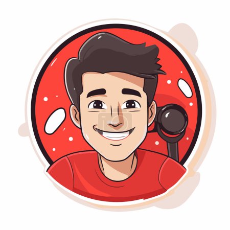 Illustration for Vector illustration of a man in a red t-shirt with a microphone. - Royalty Free Image
