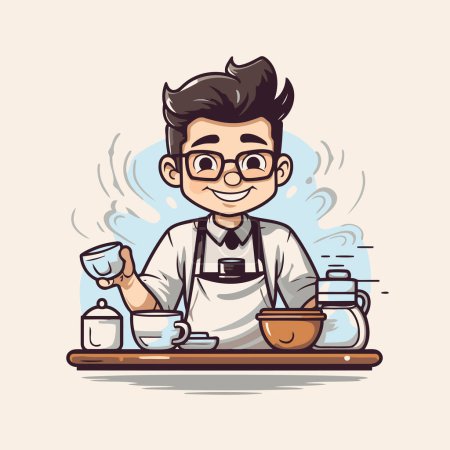Illustration for Coffee shop barista cartoon character. Vector illustration of a man in apron and glasses serving coffee. - Royalty Free Image